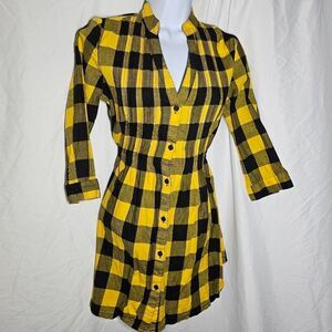 Y2K yellow black plaid half sleeve adjustable waist top